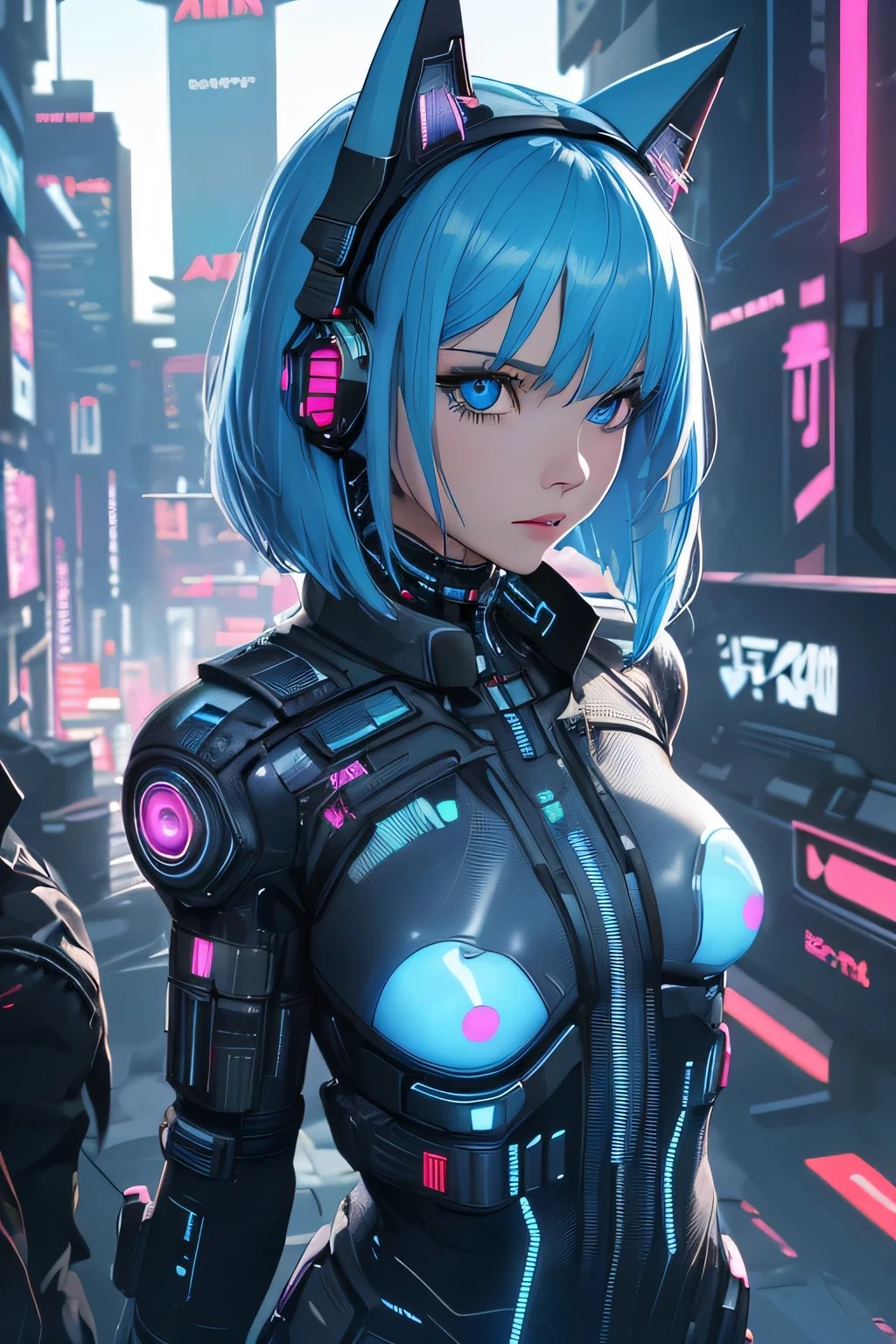 (8k, HDR, RAW photo, best quality, masterpiece:1.2, realistic lighting), overhead view, dynamic angle, girl fight on cyberpunk city, (thin face), realistic beautiful face, very detailed face, poker face, (bob cuts hair), ((sky blue hair)), path traced hair, (sky blue cat ears), ((sky blue eyes)), beauty eyes, perfect symmetrical eyes, clear sparkling blue eyes, (flat chest), (small breast), wearing a futuristic clothing, (cyberpunk:1.3), detailed and complex busy background, dystopian landscape