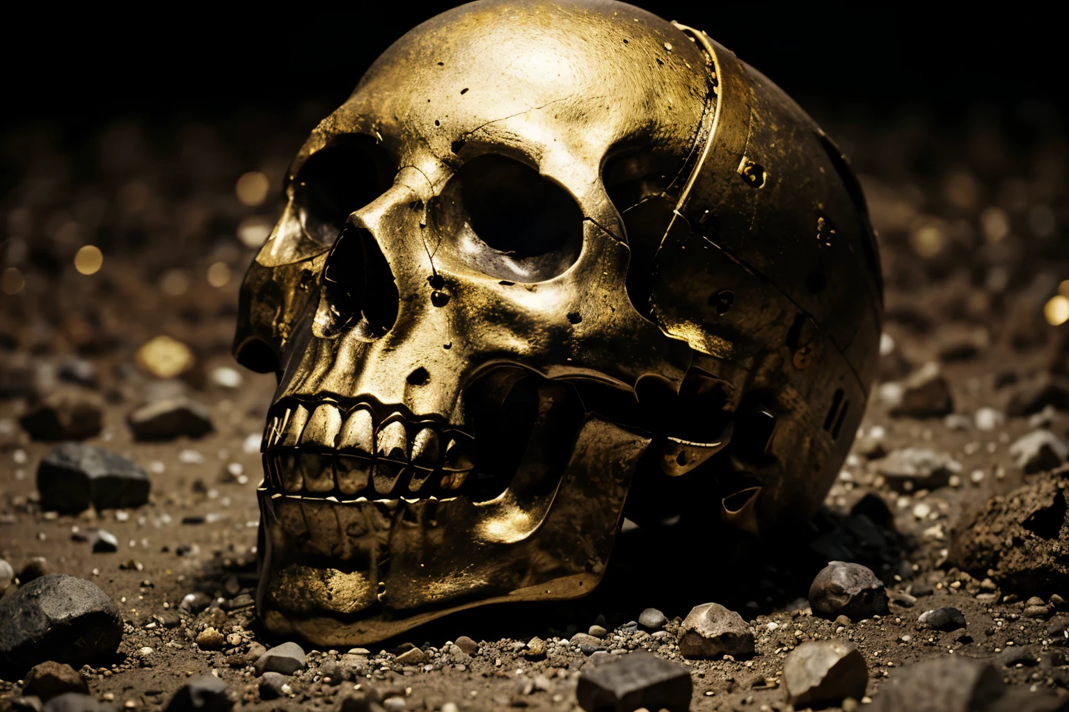 brass skull,dark scene,put on gravel,front,HD ,Cluttered,Big space,big scene