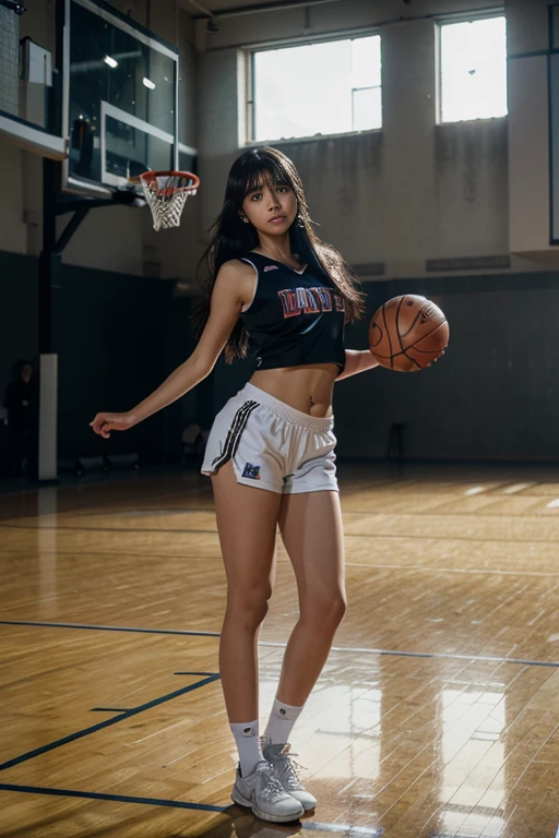 (8k, best quality, masterpiece:1.2), (realistic, photo-realistic:1.37), ultra-detailed,best quality, ultra high res, professional lighting, photon mapping, radiosity, physically-based rendering, cinematic lighting, basketball court,depth of field, sharp focus,sunbeam, good composition,(bokeh:1.2) 1girl,solo,(full body), (closed mouth), detailed eyes, pose, narrow waist,basketball uniform, black hair,messy hair,long hair floating in wind,(ulzzang-6500:1.2), mix4, hiqcgbody