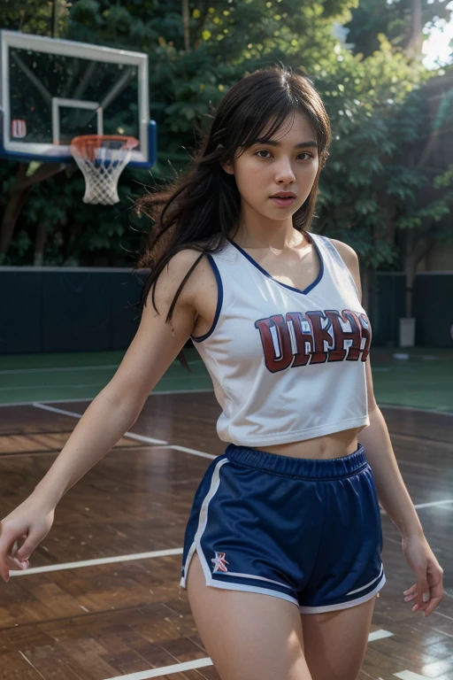 (8k, best quality, masterpiece:1.2), (realistic, photo-realistic:1.37), ultra-detailed,best quality, ultra high res, professional lighting, photon mapping, radiosity, physically-based rendering, cinematic lighting, basketball court,depth of field, sharp focus,sunbeam, good composition,(bokeh:1.2) 1girl,solo,(full body), (closed mouth), detailed eyes, pose, narrow waist,basketball uniform, black hair,messy hair,long hair floating in wind,(ulzzang-6500:1.2),  mix4, hiqcgbody