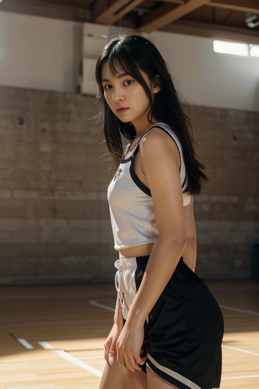 (8k, best quality, masterpiece:1.2), (realistic, photo-realistic:1.37), ultra-detailed,best quality, ultra high res, professional lighting, photon mapping, radiosity, physically-based rendering, cinematic lighting, basketball court,depth of field, sharp focus,sunbeam, good composition,(bokeh:1.2) 1girl,solo,(full body), (closed mouth), detailed eyes, pose, narrow waist,basketball uniform, black hair,messy hair,long hair floating in wind,(ulzzang-6500:1.2),  mix4, hiqcgbody