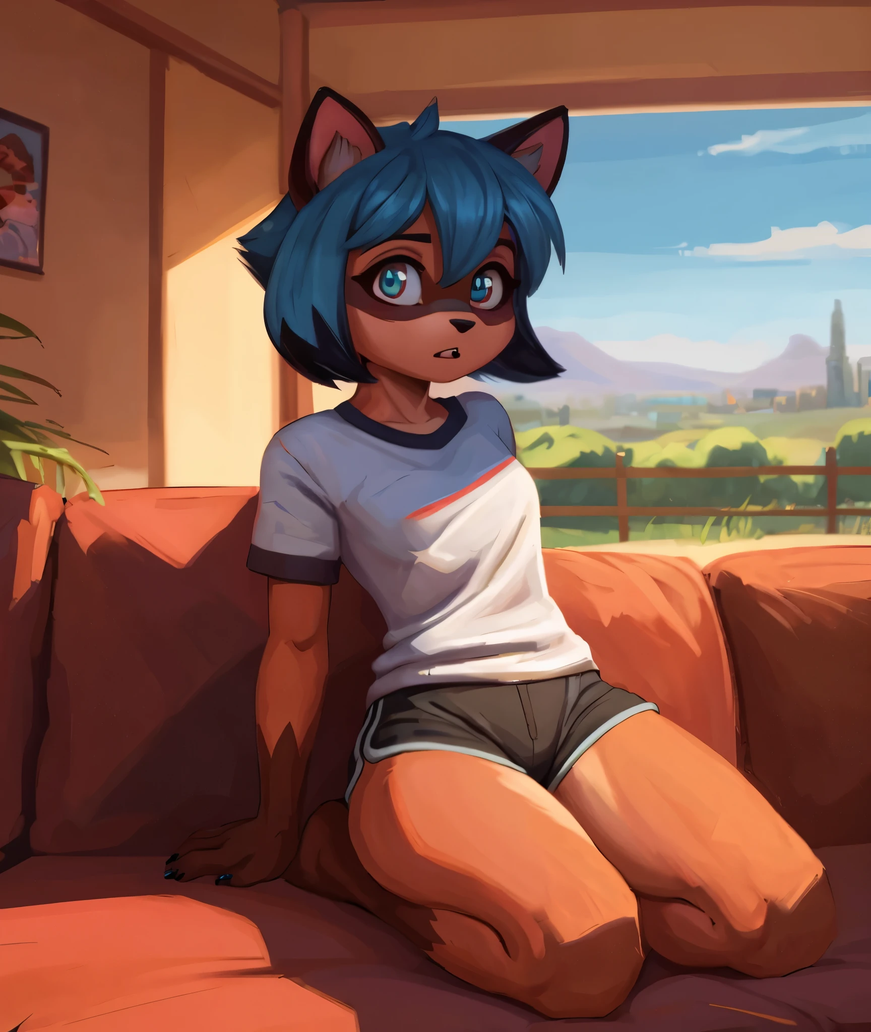 [michiru kagemori], [Uploaded to e621.net; (Pixelsketcher), (wamudrawasterpiece)), ((HD)), ((highres)), ((solo portrait)), ((full body)), ((front view)), ((feet visible)), ((furry; anthro)), ((detailed fur)), ((detailed shading)), ((beautiful render art)), ((intricate details)), {anthro raccoon girl; brown fur, black nose, (cute dark-teal eyes), (short eyelasheluffy blue tail), (short blue hair), (two toned hair), (black tips on hair), (sharp black claws), (curvy hips), (beautiful legs), (beautiful feet), (blushing), (surprised expression)}, {(grey camisole top), (blue jogger short shorts green lining)}, {(sitting on couch), (kneeling), (looking at viewer)}, [background; (living room), (lamp), (window), (trees), (clouds in sky), (blue sky), (sun rays), (ambient lighting)]
