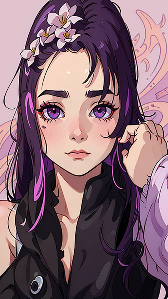 a close up of a woman with long straight shiny black hair with light purple bangs divided in the middle and a pink flowery background, cute korean goth girl, wearing a short black bikini top, big breasts, DD2 boobs, with long hair and big puppy dog piercing eyes, pale goth beauty, black hair and large eyes, anime thai girl, pale skin and big purple eyes, with glowing purple eyes, huge tits, ulzzang, with vivid purple eyes,big breasts, sexy face with full makeup, large eyes and flowing long hair, large boobs, side boob, nsfw, black fierce mascara