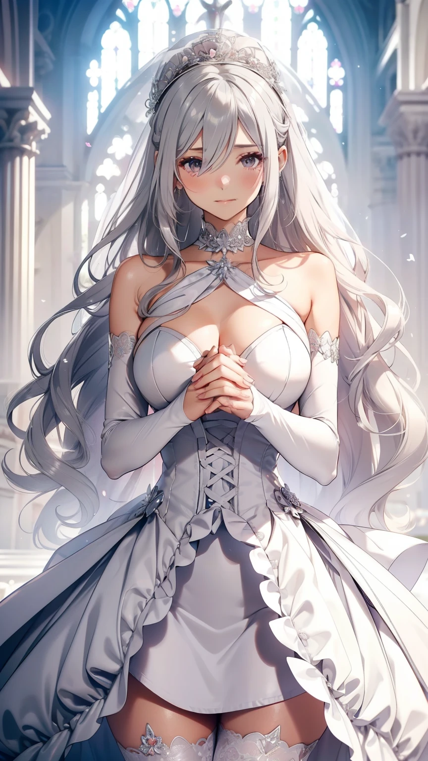 silver hair，butterfly，long gray hair，Light pink wedding dresses，8k wallpaper，Detailed background，best high resolution，deep v big，Hair covering one eye，Bandeau Wedding Dress，church，white roses and pale pink roses，tight fit，stockings,(((perfect and cute hands)))