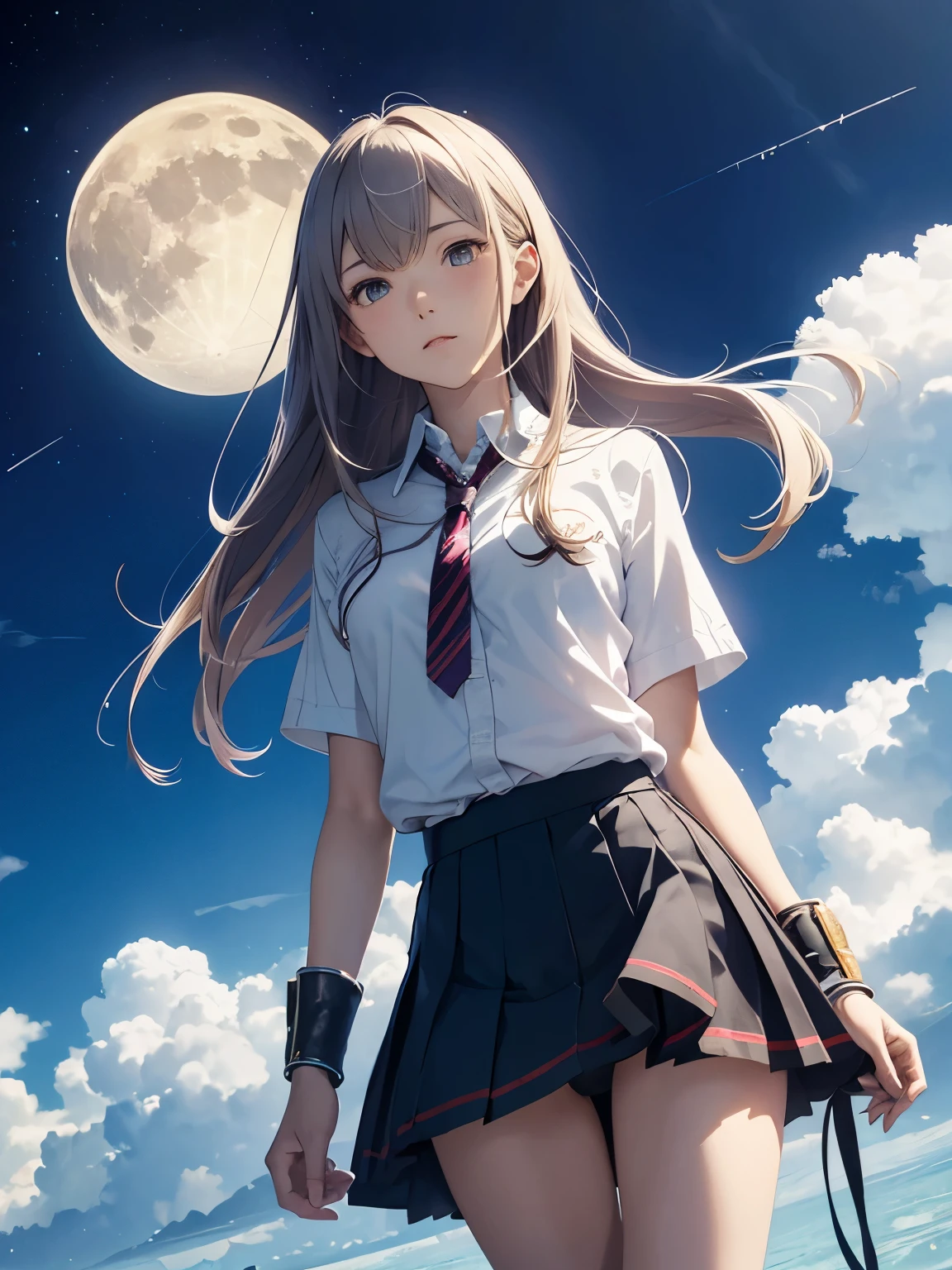Clovis Trouille, Akihiko Yoshida, Surreal, mysterious, strange, fantastical, fantasy, Sci-fi, Japanese anime, earth frame, orbital axis of the moon and the earth, miniskirt beautiful high school girl, perfect body, transparent blue sky, detailed masterpiece hyper realistic zoom in