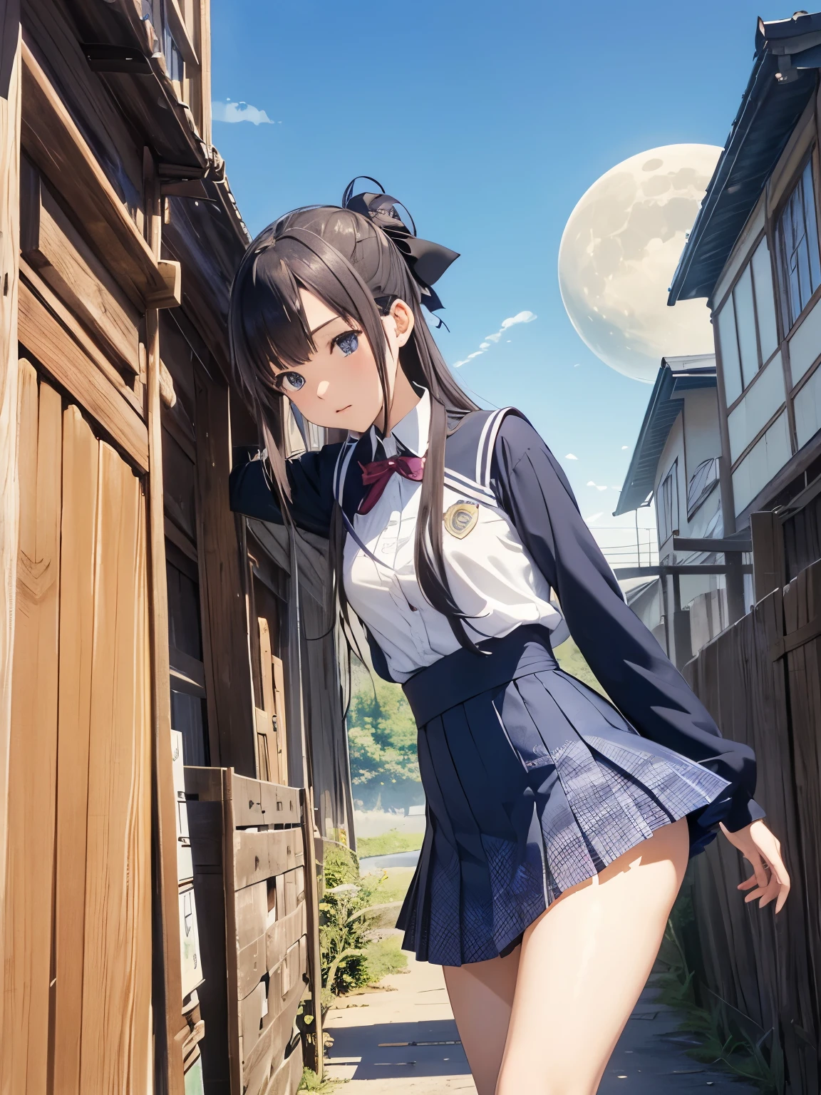 Clovis Trouille, Akihiko Yoshida, Surreal, mysterious, strange, fantastical, fantasy, Sci-fi, Japanese anime, earth frame, orbital axis of the moon and the earth, miniskirt beautiful high school girl, perfect body, transparent blue sky, detailed masterpiece hyper realistic zoom in