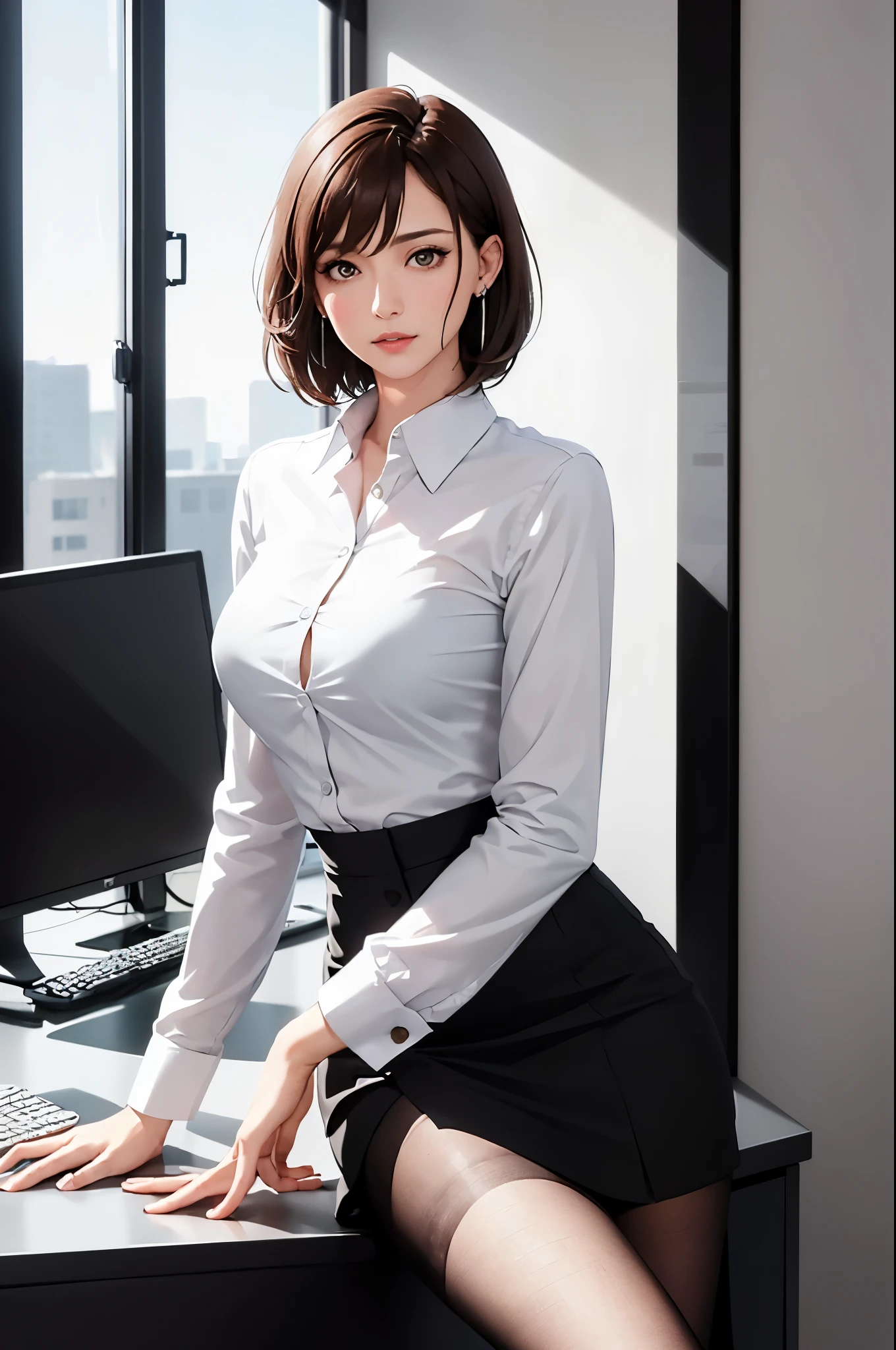 A woman sitting in an office, a white wall, A gray table, poster on wall, ))), ((best quality)), ((intricate details)), ((hyper-realistic)), Ridiculous resources, moro liberation front, mature woman, view, Very detailed, illustration, 1 girl, (()), perfect hands, Detailed fingers, Beautiful and delicate eyes, very short hair, brown eyes, Name label, CEO, (Business attire:1.2), open office shirt, split, tight skirt, black collar, earrings, , Detailed background, bedroom, perfect eyes, eyes, looking at the audience, from the front   