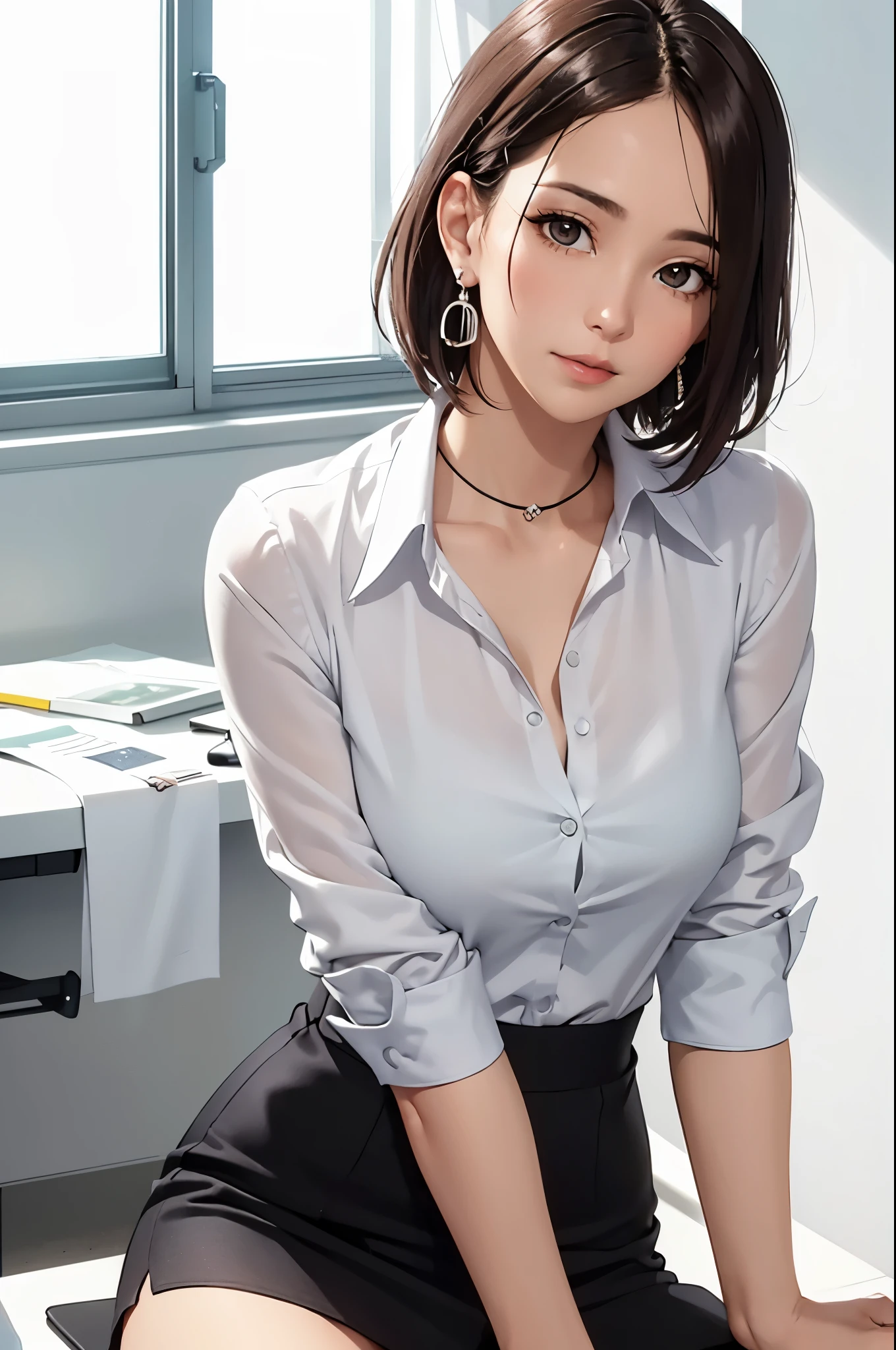 A woman sitting in an office, a white wall, A gray table, poster on wall, ))), ((best quality)), ((intricate details)), ((hyper-realistic)), Ridiculous resources, moro liberation front, mature woman, view, Very detailed, illustration, 1 girl, (()), perfect hands, Detailed fingers, Beautiful and delicate eyes, very short hair, brown eyes, Name label, CEO, (Business attire:1.2), open office shirt, split, tight skirt, black collar, earrings, , Detailed background, bedroom, perfect eyes, eyes, looking at the audience, from the front