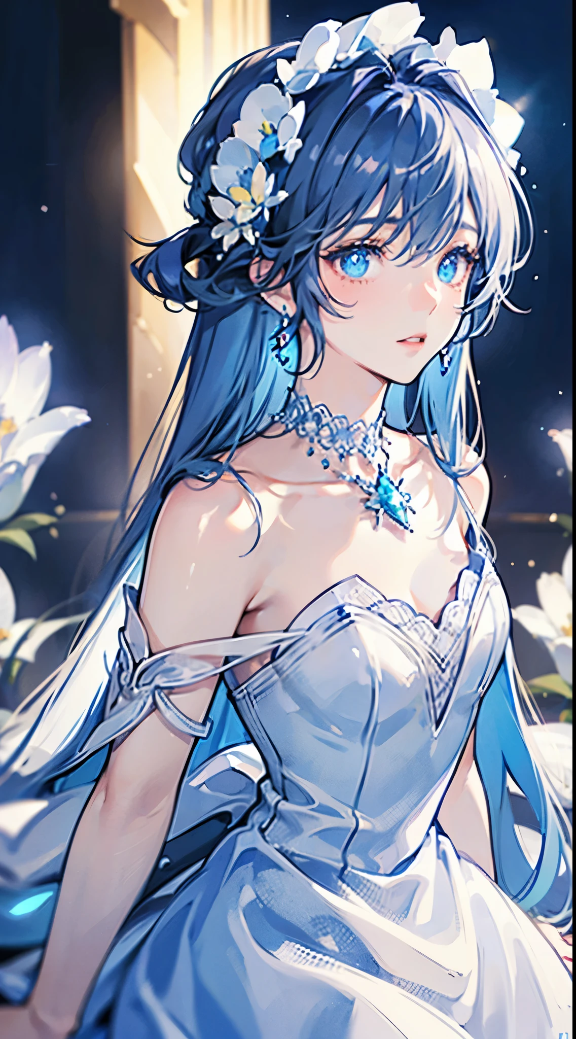Shenhe (genshin impact ) ,long silver hair braids ,wedding dress (gown) black dress  ,open area , looking at viewer, , blush,dynamic pose ,high-quality ,petals, blue flowers .skyblue cherry blossoms ,raining petals