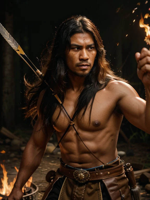 Creat poster of a malay man warrior in 1909 style outfit, long hair, face anger, focus on camera, holding a arrow, medium portrait shot, background fire effect, burning, face scratched, color tone cinema style,ultra realistic, high details, high quality, UHD graphics, 16k render.