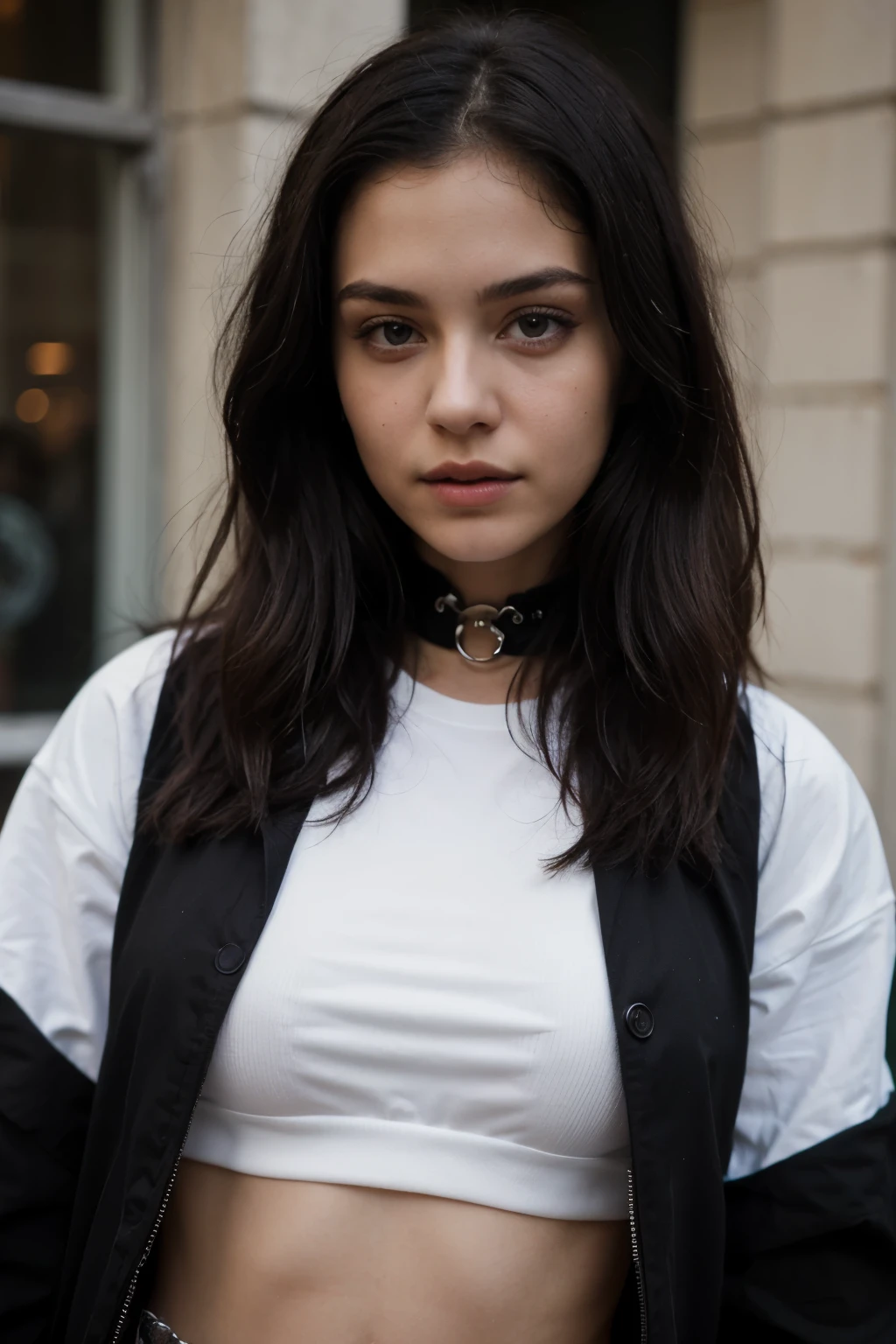 ((best quality)), ((masterpiece)), (detailed), perfect face, goth 18 year old women with Black hair wearing streetwear