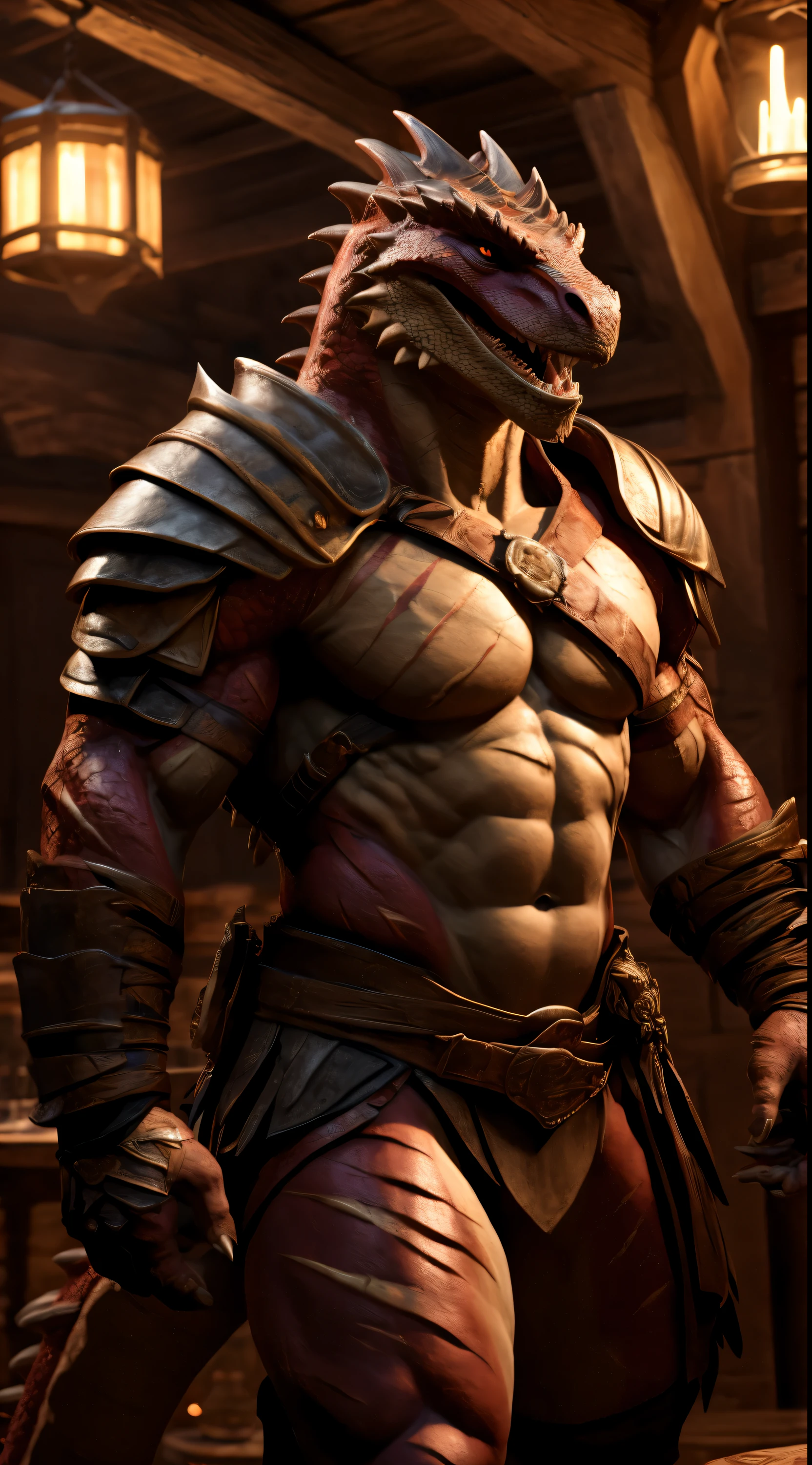 A lizard man, raptor like legs, thick long tail, scars on arms, smooth body, proporcional body, abs, toned, light belly, illustration, (best quality, 4k, highres, masterpiece:1.2), ultra-detailed, realistic,sharp focus, vivid colors, warm lighting, full body, barbarian armor, pauldrons, open wide chest, light armored, crimson scales on body, tavern background, full body