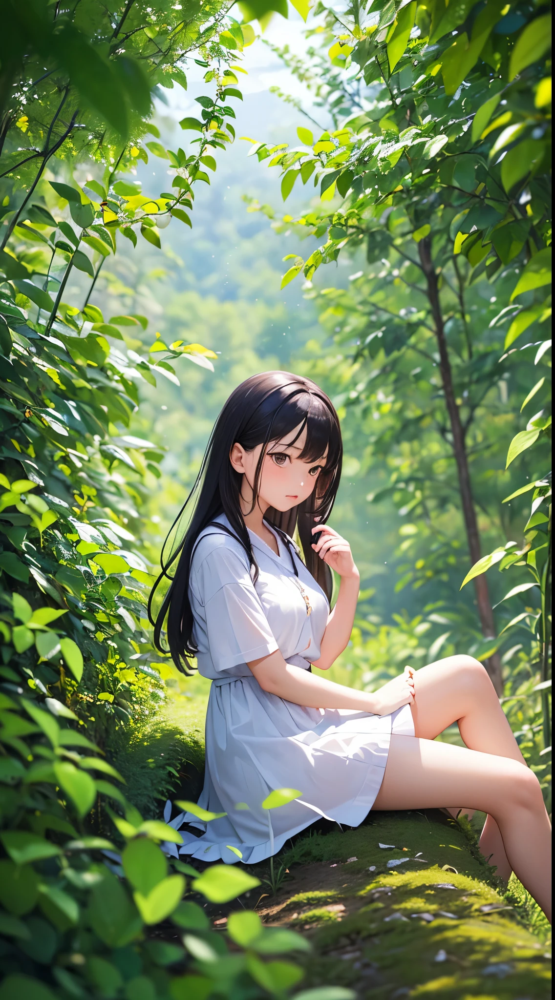 in this scene, a beautiful Asian teenage girl seated, visibly immersed in and enjoying the natural view. Physical elements include the girl herself, the details of her appearance, and the serene surroundings of the nature view. The landscape serves as a backdrop, enhancing the overall beauty of the moment. --auto --s2