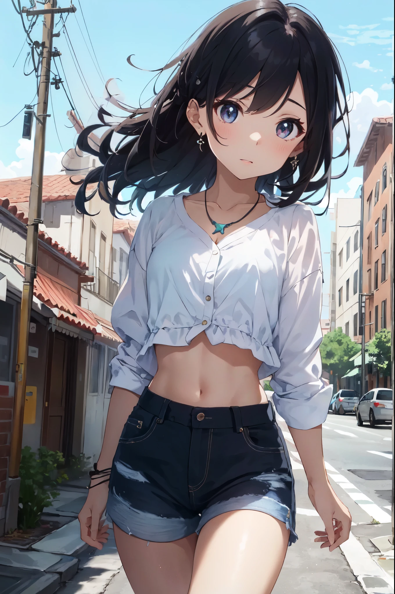 Masterpiece, Best quality, Ultra detailed, offcial art, 8k wallpaper, A super beautiful girl,(palazzo pants, fitted crop top, platform sandals),(Gradients of hair),(Old manga style from the 1980s),Big bright eyes,Cool feeling,vintagestyle,Low saturation colors,Mottled texture,Front perspective