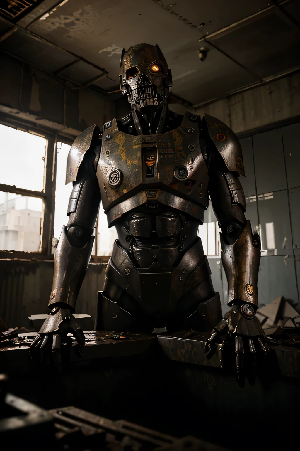 High quality, masterpiece, high resolution, dark, damaged, giant, robot, metallic, scrappy, humanoid, glowing eyes, dark lighting, destroyed surroundings, rusty, dirty
