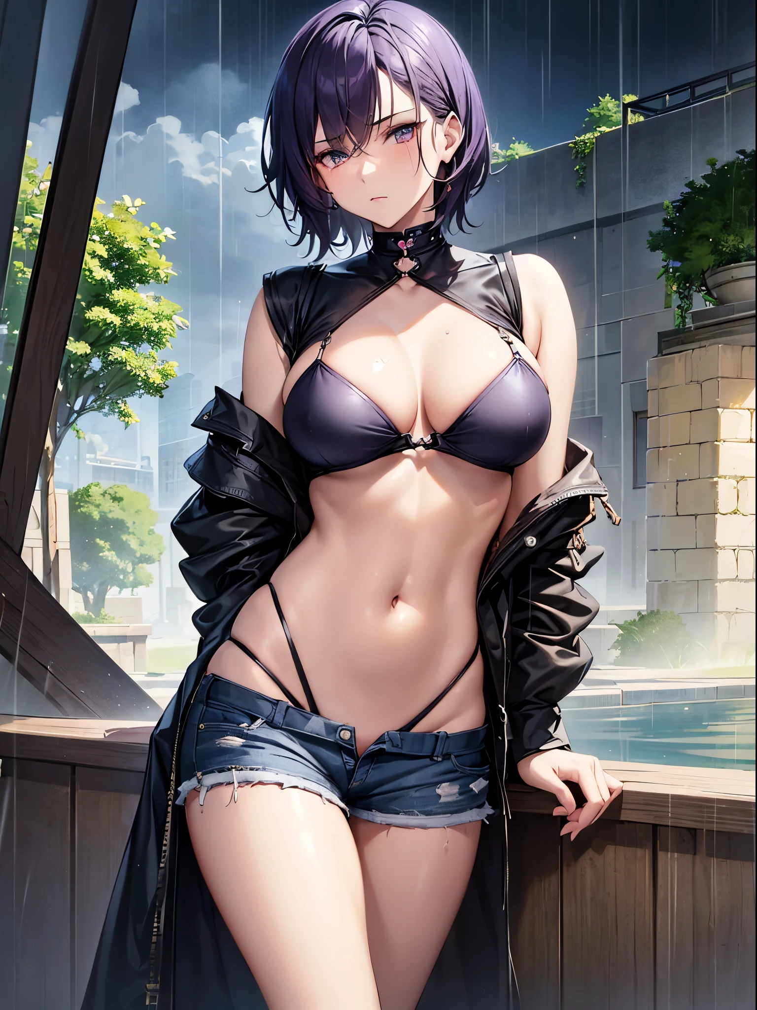 ((masterpiece , best quality)), ((( 1 girl ))), dark blue hair, cool looking woman, short hair, tomboy, mature woman, expressive eyes, heterochromatic eyes , (completeness ratio), (very huge), women&#39;s loose shirt, Pair with casual shorts, long legs, slim legs, slender hips, tomboy, hybridization, , Casual Wear, the loneliest girl, artistic, Inspire, prime time, Warm, (rain, sad, hydrangeas, Hortensia), glow, ethereal, Xin Haicheng, Krenz Kushat, animation art , Surreal, The contrast between reality and absurdity, focus on women, chaotic, Highly creative, Dynamic, informative, high detail, cinematic, complex background