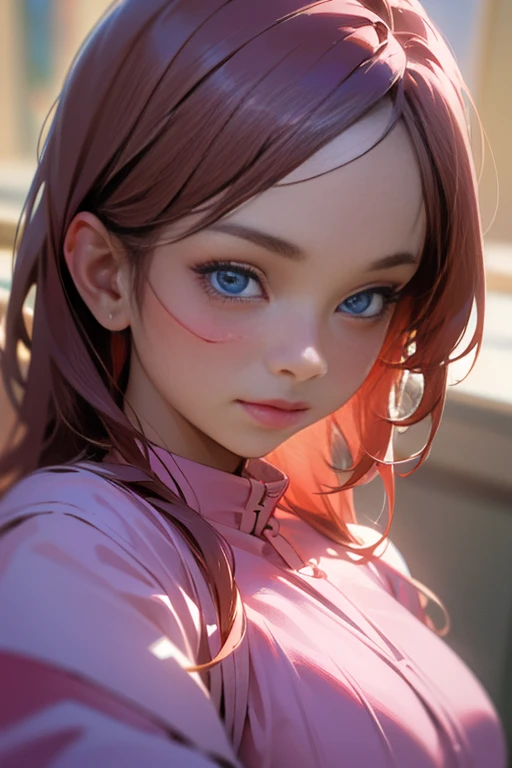 8K, Best Quality, Masterpiece, Ultra High Resolution, (Realism: 1.4), Original Photo, (Realistic Skin Texture: 1.3), (Film Grain: 1.3), (Selfie Angle), 1 Girl, Pink Clothes, Sapphire Color Eyes and Beautiful Face Details, Masterpiece, Best Quality, Close-up, Upper Body Highest Quality Picture Quality Pull-up