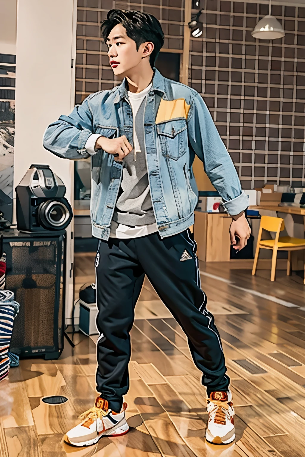 Man squats down to tie shoelaces，high quality，Studio lighting，8K