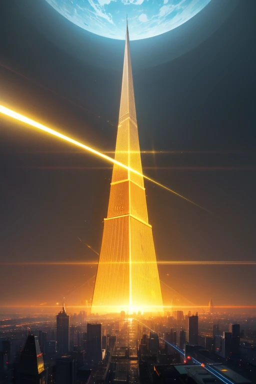 A futuristic background of a golden glass pyramid with laser beams leads to a hyper-realistic scific city with huge skyscrapers. The hyper resolution of the background is 4k and has an aspect ratio of 16:9.golden pyramid, masterpiece, anatomically correct, super detail, high quality, best quality, 8k, 16k, high details