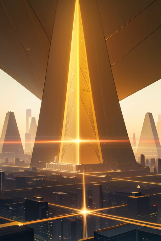 A futuristic background of a golden glass pyramid with laser beams leads to a hyper-realistic scific city with huge skyscrapers. The hyper resolution of the background is 4k and has an aspect ratio of 16:9.golden pyramid, masterpiece, anatomically correct, super detail, high quality, best quality, 8k, 16k, high details