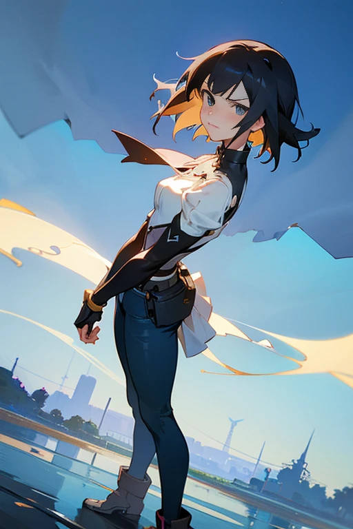 &quot;((workshop)), perfect quality, fat, bulging, full body, stunning beauty, jeanfavonian, small breasts, (high-quality anime, Makoto Shinkai), angry, blush, standing on the street near the river next to the village, hands on chest, looking at the viewer, without gauntlets. Short hair blowing in the wind, the background is simple and blue, and the gaze is directed downwards at a low angle, a bright lightning.