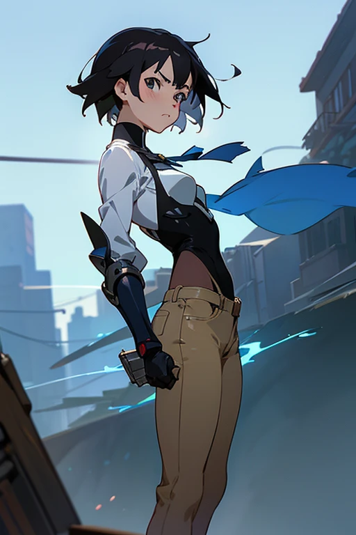"((workshop)), perfect quality, fat, bulging, full body, stunning beauty, jeanfavonian, small breasts, (high-quality anime, Makoto Shinkai), angry, blush, standing on the street near the river next to the village, hands on chest, looking at the viewer, without gauntlets. Short hair blowing in the wind, the background is simple and blue, and the gaze is directed downwards at a low angle, a bright lightning.