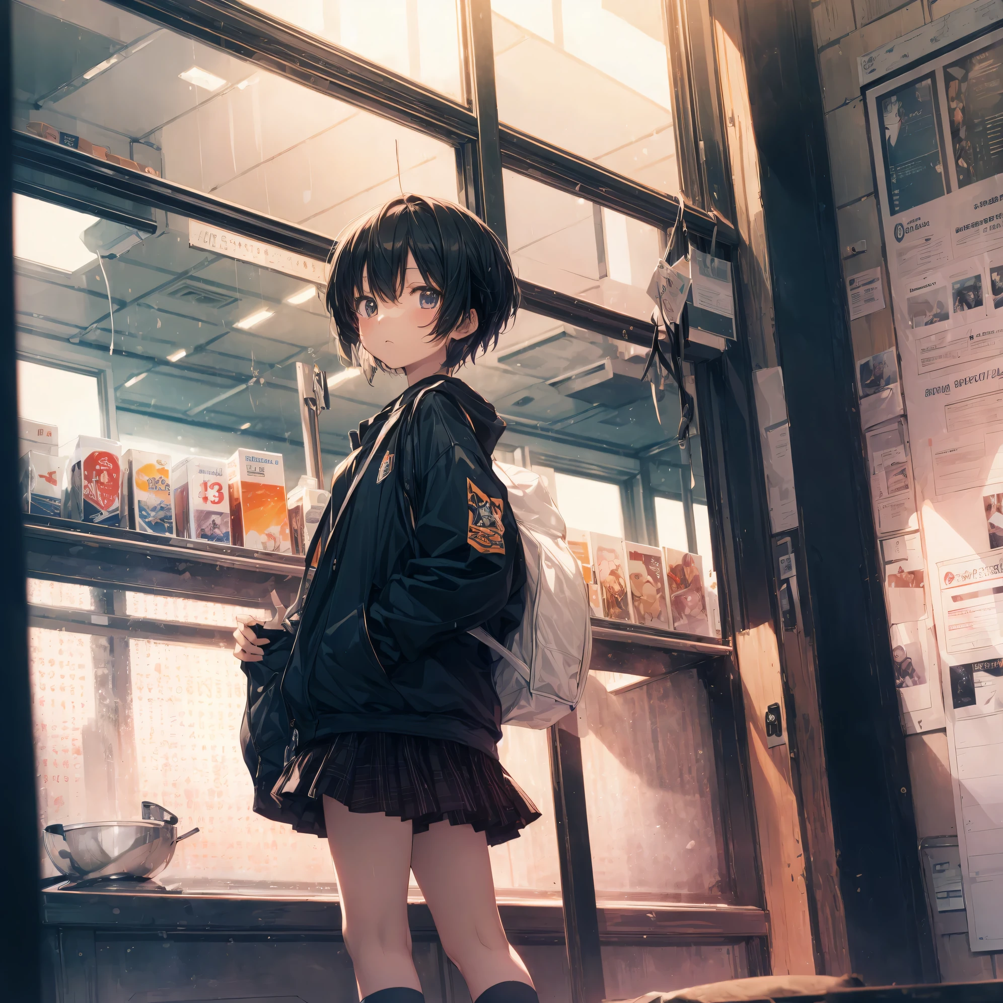 Super high quality by the art god, super detailed, High resolution, Shinkai Makoto style, anime moe art style, best anime 8K konachan wallpaper, pixiv contest winner, perfect anatomy, break,(眠そうにalone学校へ行く女の子を描いてください. ),break, surreal high school girl, (alone,change,child,13 years old:1.3),All limbs, full finger,Middle school students, androgynous charm, (very, very short hair), messy hair, flat and soft chest, small ass, between legs, small eyes,beautiful detailed black eyes, Well-proportioned iris and pupils, disgusted eyes, High resolutionの詳細な髪, school uniform, skirt, On the way to school. break,super dense skin, Best lighting by famous artists, 8K, figure,