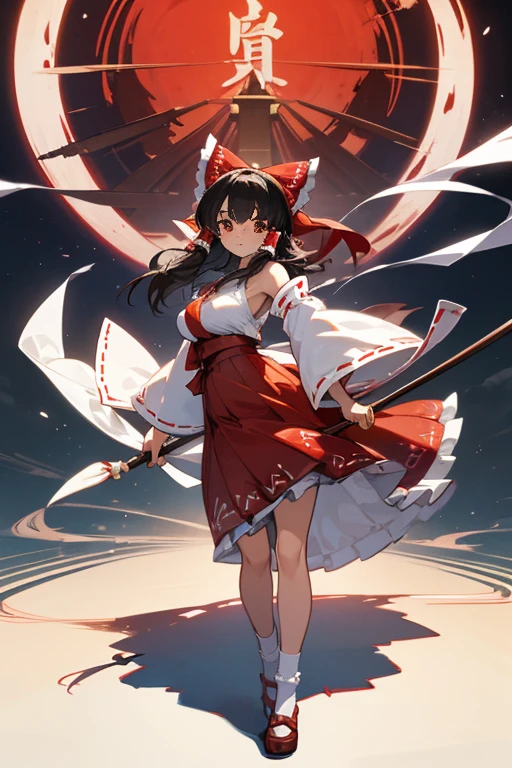 An exquisitely detailed CG artwork depicting Hakurei Reimu, a solitary shrine maiden, in the highest quality. Featuring a delicate white ribbon and socks, large breasts, and wide hips, this masterpiece illustration showcases the beauty of solo female characters.
