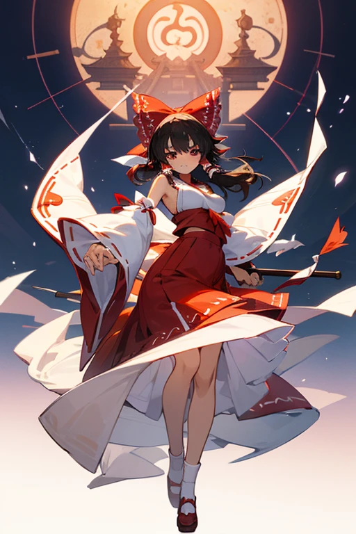 An exquisitely detailed CG artwork depicting Hakurei Reimu, a solitary shrine maiden, in the highest quality. Featuring a delicate white ribbon and socks, large breasts, and wide hips, this masterpiece illustration showcases the beauty of solo female characters.