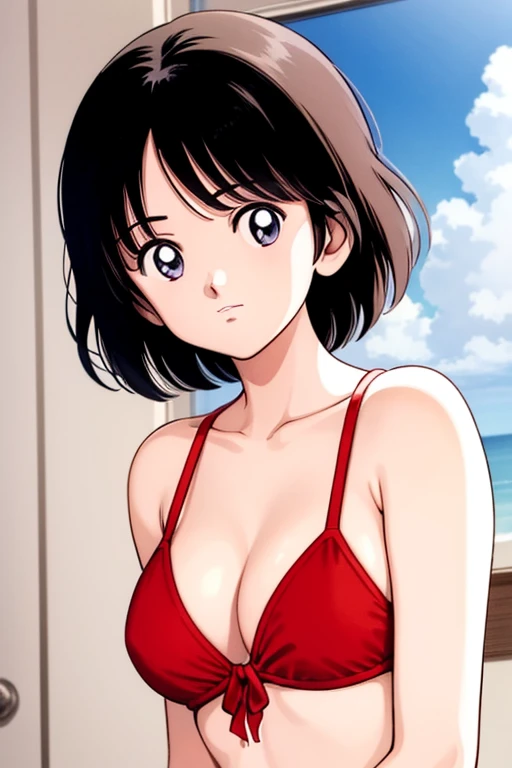 1girl, haruka, black hair, short hair, bangs, looking at viewer, medium breast, cleavage, red micro bikini, (best quality, masterpiece:1.3)
