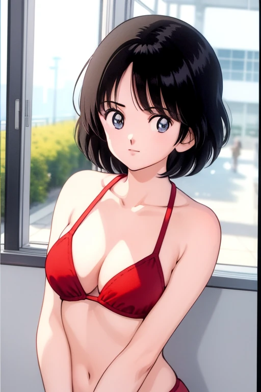 1girl, haruka, black hair, short hair, bangs, looking at viewer, medium breast, cleavage, red micro bikini, (best quality, masterpiece:1.3)