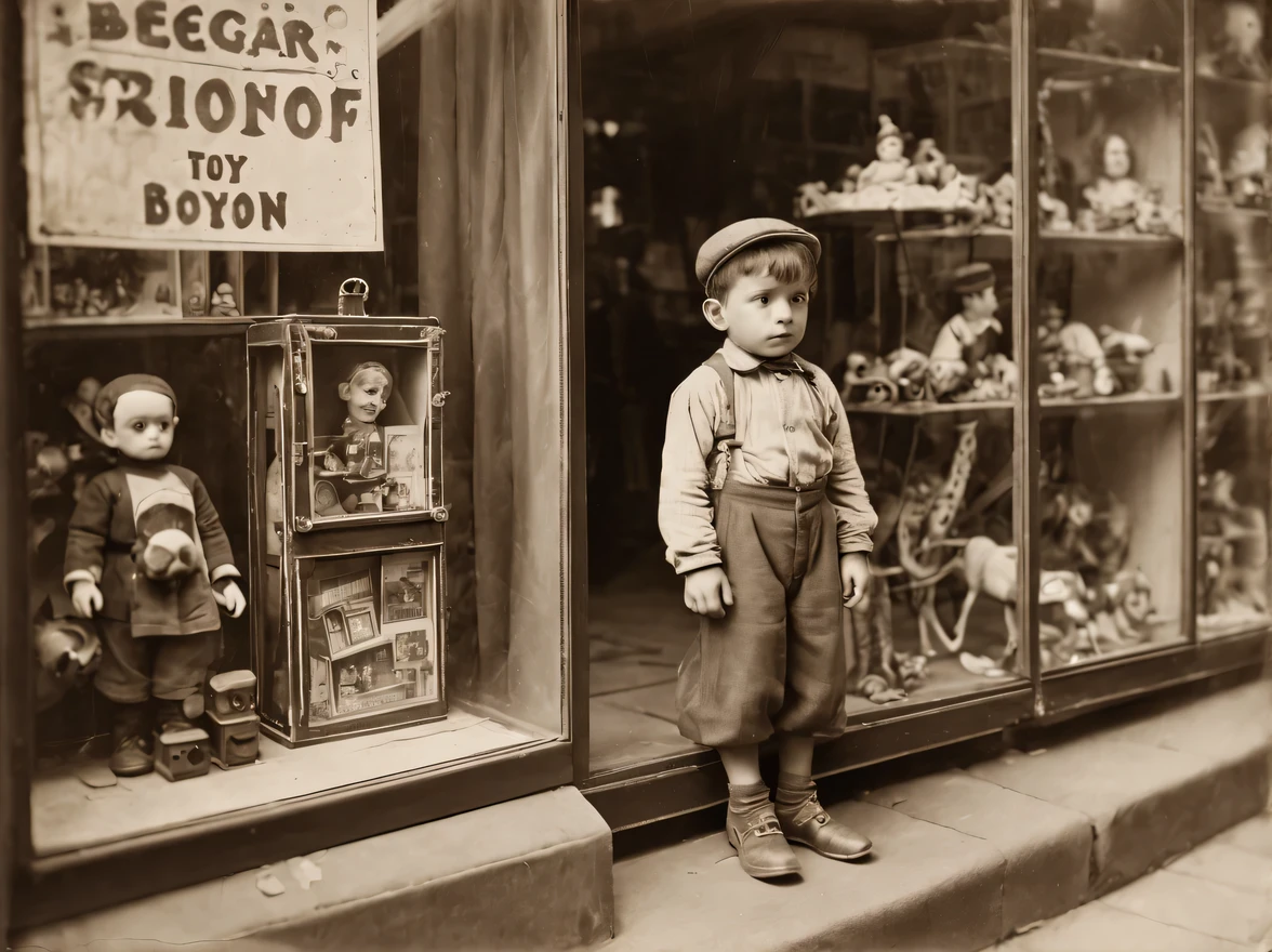 Old photo from the 1930s with a Zeiss Ikon Ikonta 520./2 cameras, published by the Museum of Historical Photography in 1930., (boy in torn clothes of a beggar) look at (Toy store window), display case with toys in a toy store behind glass, the boy looks like a beggar, film type 130, frame size 60 x 90 mm, Tessar 4.5/lens 105 mm, vintage photo paper, old shabby photograph, scuffs and scratches, photo ruined by time