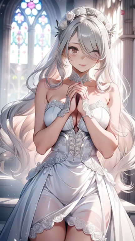 silver hair，butterfly，long gray hair，Light pink wedding dresses，8k wallpaper，Detailed background，best high resolution，deep v big，Hair covering one eye，Bandeau Wedding Dress，church，white roses and pale pink roses，tight fit，stockings,(((perfect and cute hands)))