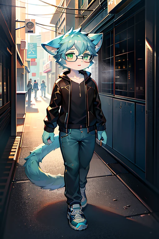(best quality,4k,8k,high resolution,masterpiece:1.2),Ultra-detailed,(lifelike,lifelike,lifelike:1.37),blue short hair,cute,illustration,Shota,digital painting,studio lighting,bright colors,Surreal,pastel color palette,soft light,hairy,Cat,Cat耳朵,Cat尾巴,green eyeale,long tail,personification,hairy艺术风格,blue fur,black jacket,white lining,light blue jeans,sports shoes,Walking in the modern city,wear glasses)