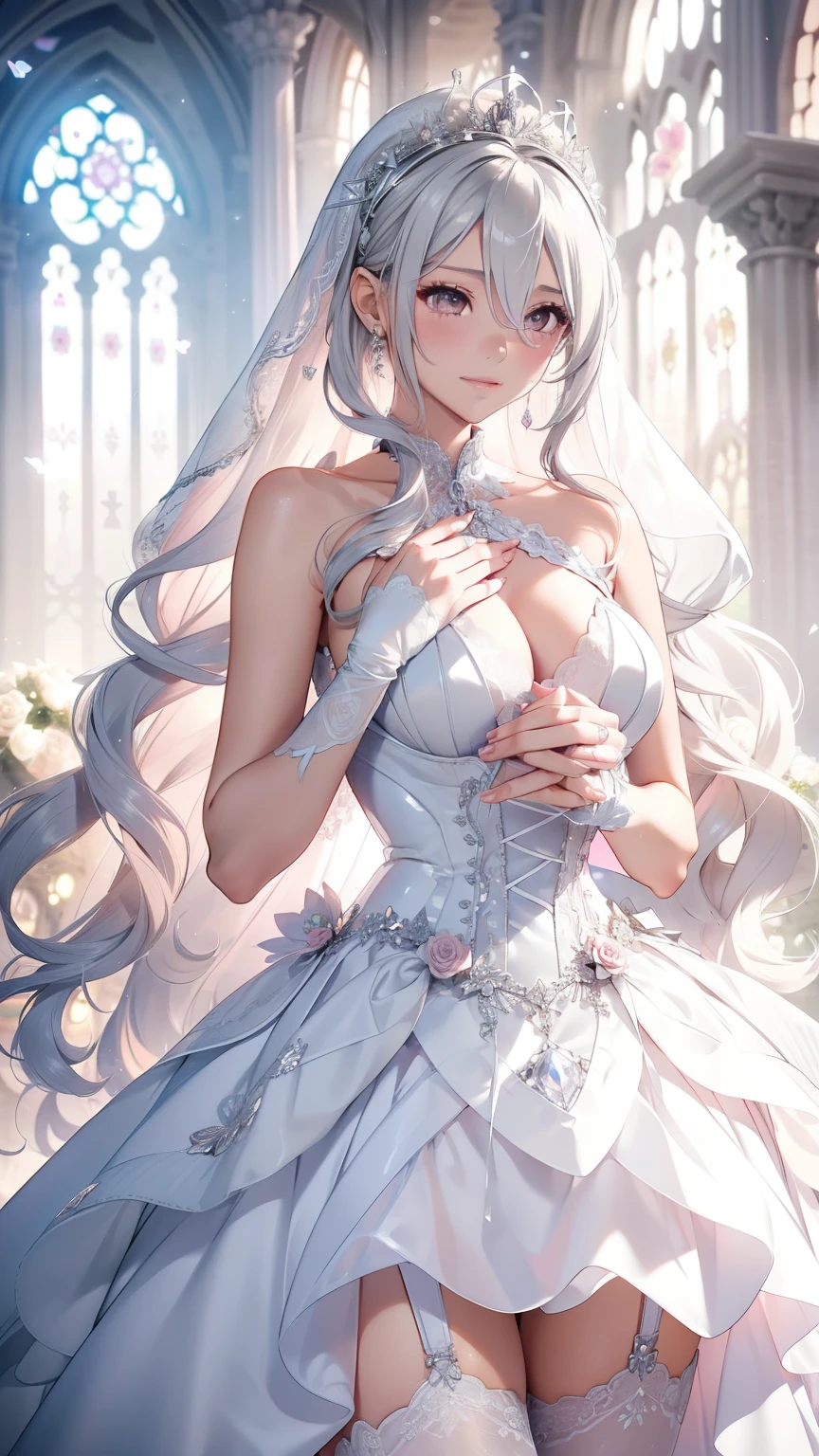 silver hair，butterfly，long gray hair，Light pink wedding dresses，8k wallpaper，Detailed background，best high resolution，deep v big，Hair covering one eye，Bandeau Wedding Dress，church，white roses and pale pink roses，tight fit，stockings,(((perfect and cute hands)))