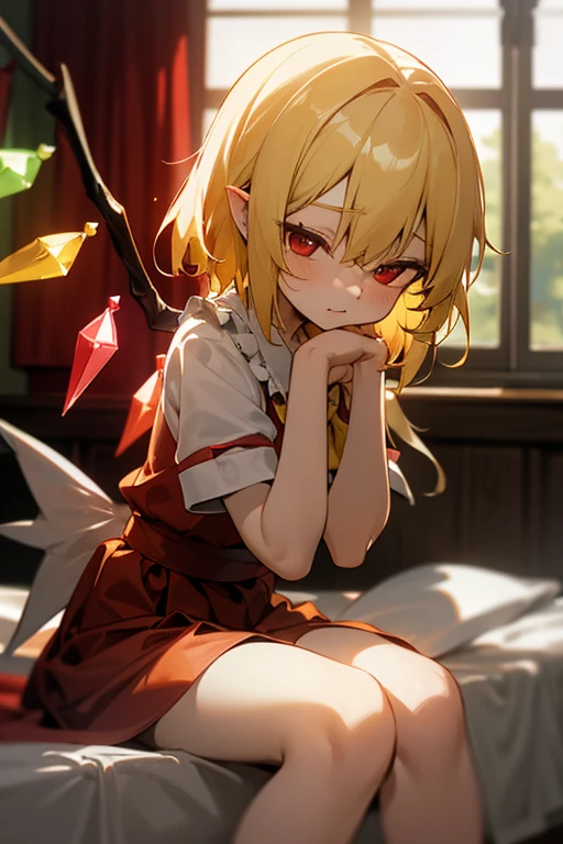 Oriental Project, Flandre Scarlet sitting on bed in JK uniform, hands crossed at waist, light yellow hair, warm lighting, blurred foreground, cute, , anime, 4k, with demon wings, shower cap, masterpiece, upper body