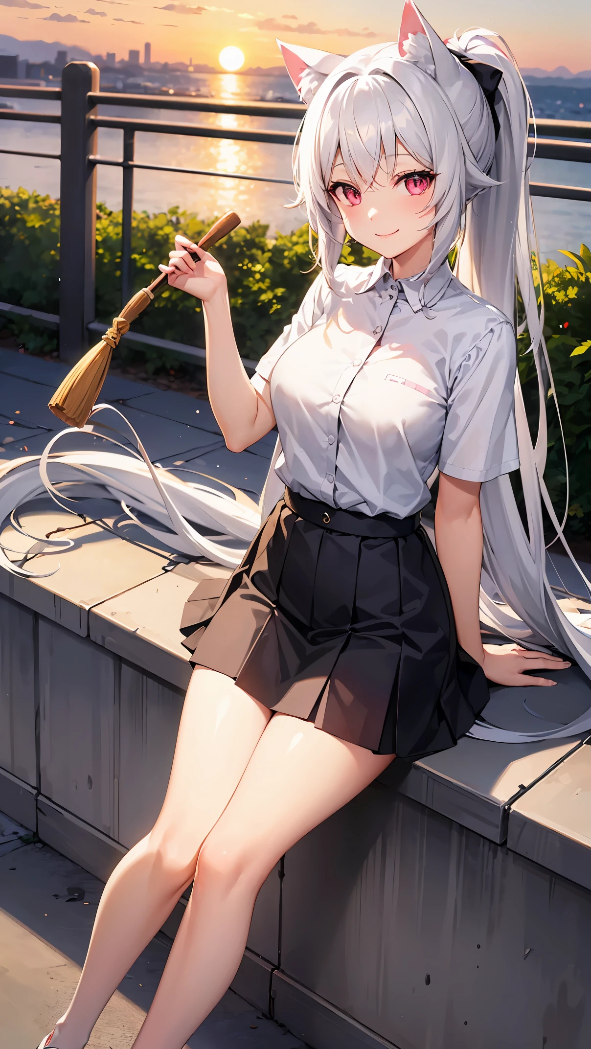 catgirl, cat ears, cat tail, long hair, white hair, ponytail, pink eyes, skirt, short sleeves, park, sunset, smile