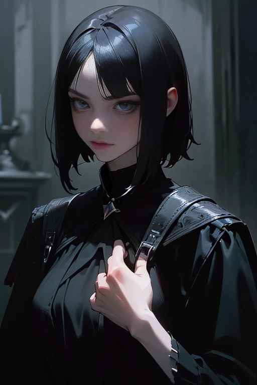 (High quality: 1.3), cinematic shot, masterpiece, (sharp focus: 1.5), (photorealistic: 1.3), medium portrait of (a beautiful young vampire woman, pale skin, gothic, still proud and fierce, straight black short bob hair, dark look, dressed in a highly detailed dark tunic, dark atmosphere, but sculpting the shapes in sharp chiaroscuro), is night, (highly detailed skin), (detailed face),  detailed background, dark lighting, twilight lighting, volumetric lighting, complex details, UHD,