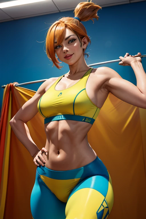 obra de arte, melhor qualidade, high resolution, 1 garota, (Pokémon), cabelo laranja, Sozinho, blue leggings, rabo de cavalo lateral, Athletic body, cabelo laranja, barriga, yellow sports bra, umbigo, cabelo curto, sorriso, seios grandes, tiro de corpo inteiro, na academia, gym, high resolution, very high resolution, 1080P, 4k, 8k, 16k, muito detalhado, realista, 8k, Cinema 4D, Arte extremamente detalhado, [ Arte Digital 4K ]