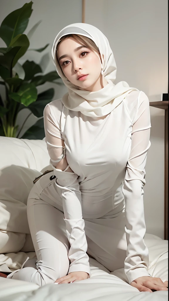 araffe woman in a white top and a headscarf sitting on a couch, white hijab, smooth white tight clothes suit, a beautiful woman in white, white silky outfit, hijab, in white clothes, dressed in a beautiful white, wearing tight suit, wearing white leotard, tight outfit, smooth translucent white skin, asian, in white turtleneck shirt