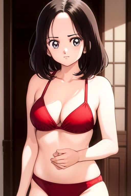 (masterpiece),best quality,Amazing,finely detail.Depth of field,beautiful detailed eyes, nico robin, 1girl,mature female,happy,light smile,, red bikini, house, armpits, bed