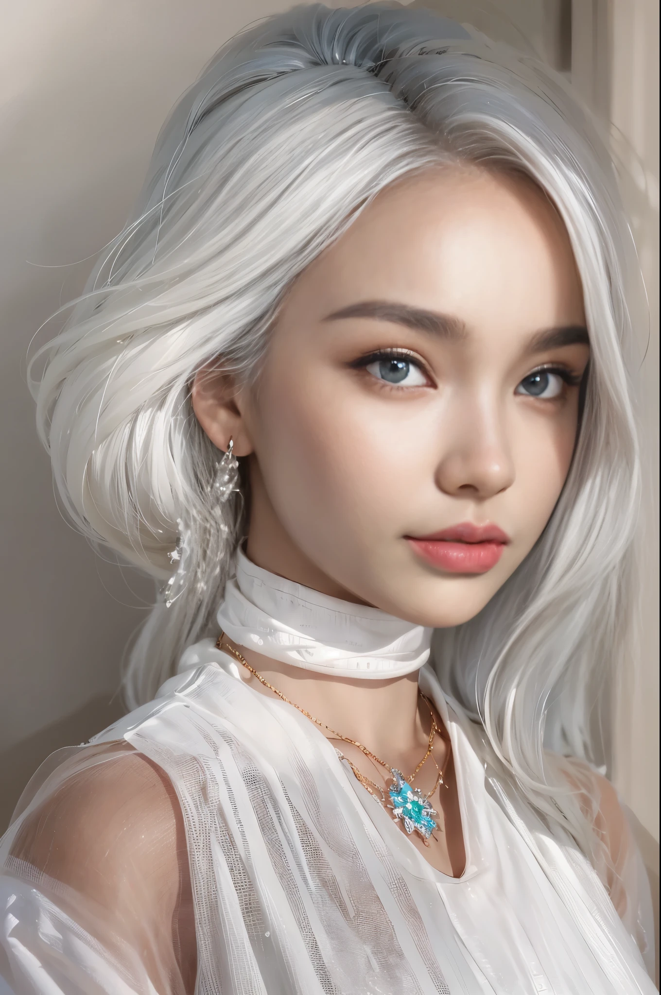 photorealistic, high resolution, 1 girl with layka face, layka, malay, hips up, beautiful eyes, white hair, white streetwear, white bracelets,elegant necklace, elegant diamond earrings, radiance. 