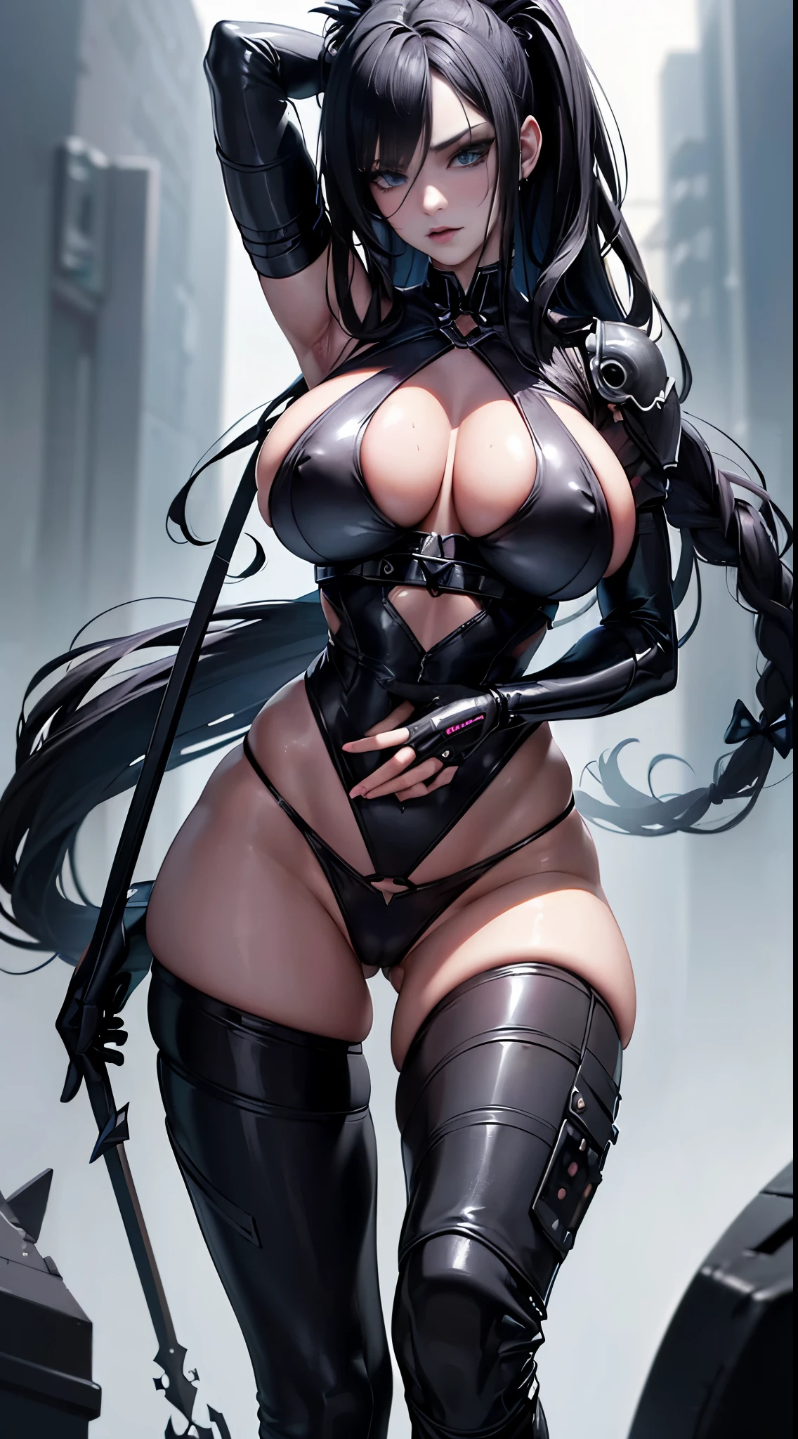(Hyperrealistic: 1.3), athletic European goth woman, white woman, full body, (biochemanical:1.3), wet exposed skin, exposed abs, masterpiece, (dark: 1.3), darkness, low light, night, cinematic lighting, fil noir, highest quality, sexy woman, (high tech cyborg:1.2), (enormous perky detailed breasteminine, symmetrical, highly detailed, gigapixel, fit, (sharp body), detailed body, on focus, gorgeous face, (black eye makeup), (black lipstick), (black hair in dreadlocks), (Simon Bisley), (2000 a.d.), (ABC warriors), (Joe pineapples), ridged, grim, grim-dark, absolute cleavage, showing a delicate slim figure and graceful curveeautiful slim long legs:1.3), (detailed eyes, beautiful eyes:1.2),