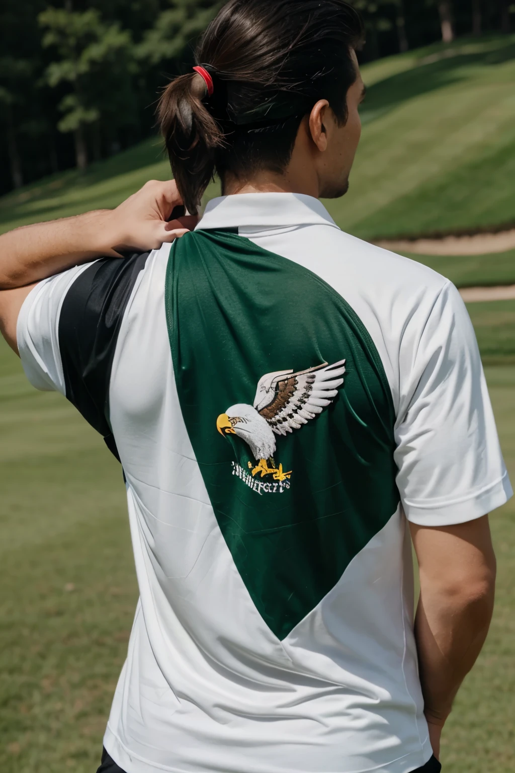 golf club tshirt design, white green black red colors, "Eagle master" text logo