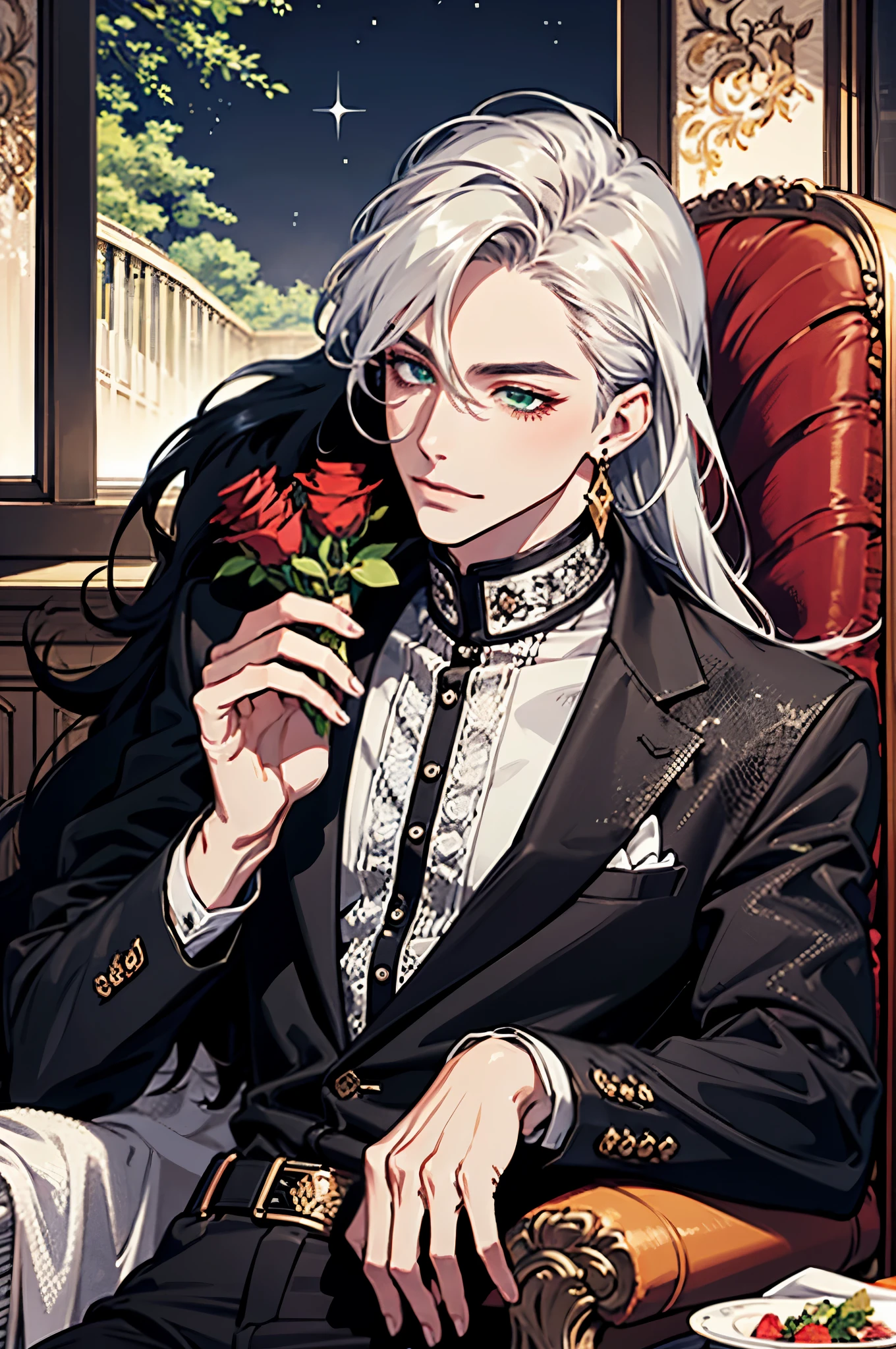 (((long hair)))(((long hair)))(A high resolution, Ultra detailed), 1人, man, Handsome, Tall,, finely detailed eyes and detailed face, Black leather pants, White color blouse, with short golden hair,Moon, forest, Silver earrings, Gothic, Dark, Looking at the view, Light green detail eyes, eyes liner, (Masculine), Sexy, Fake smile, Seductive, Slightly muscular, Very attractive, Bouquet,Red roses ripen, (( mature face)),(((long hair)))(((long hair)))