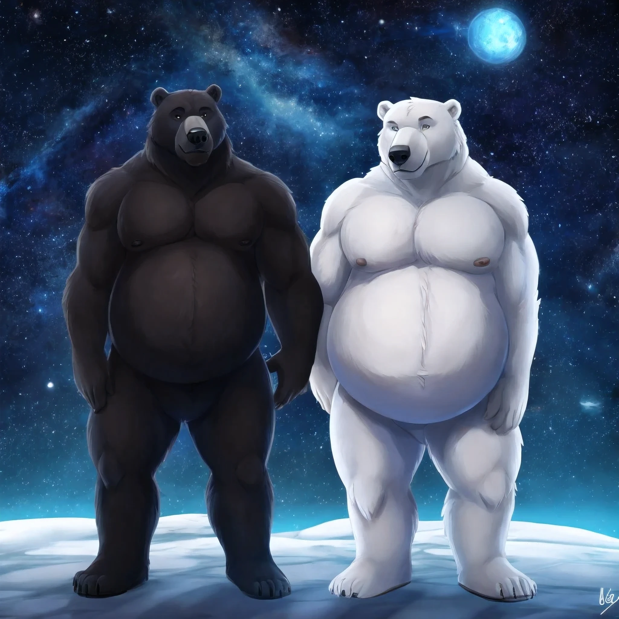 (character) tall black bear with average body, standing with (character) polar bear with big belly, lost in space together.