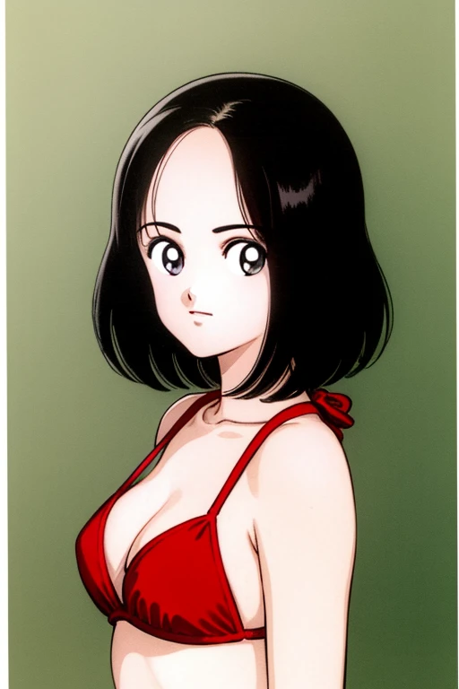 1girl, hikari, black hair, short hair, forehead, looking at viewer, medium breast, cleavage, red micro bikini, (best quality, masterpiece:1.3)