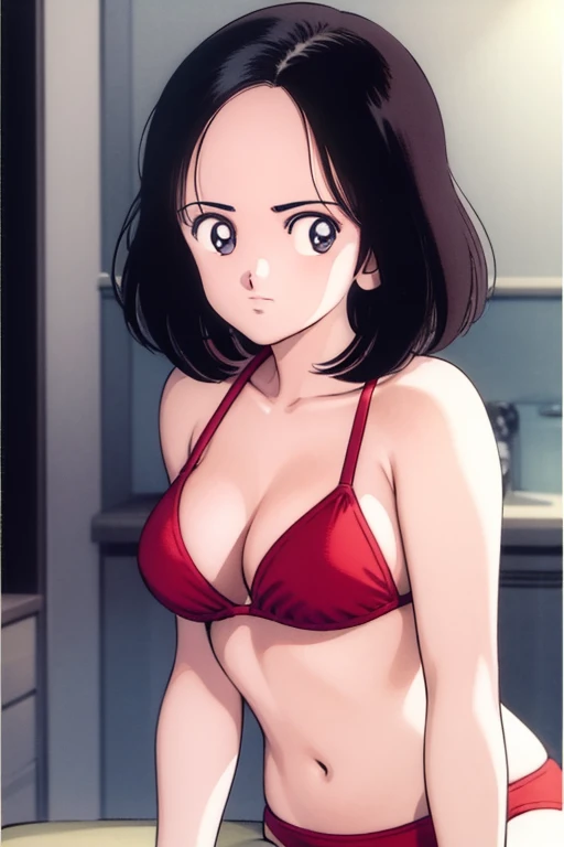 1girl, hikari, black hair, short hair, looking at viewer, medium breast, cleavage, (red micro bikini), (best quality, masterpiece:1.3)