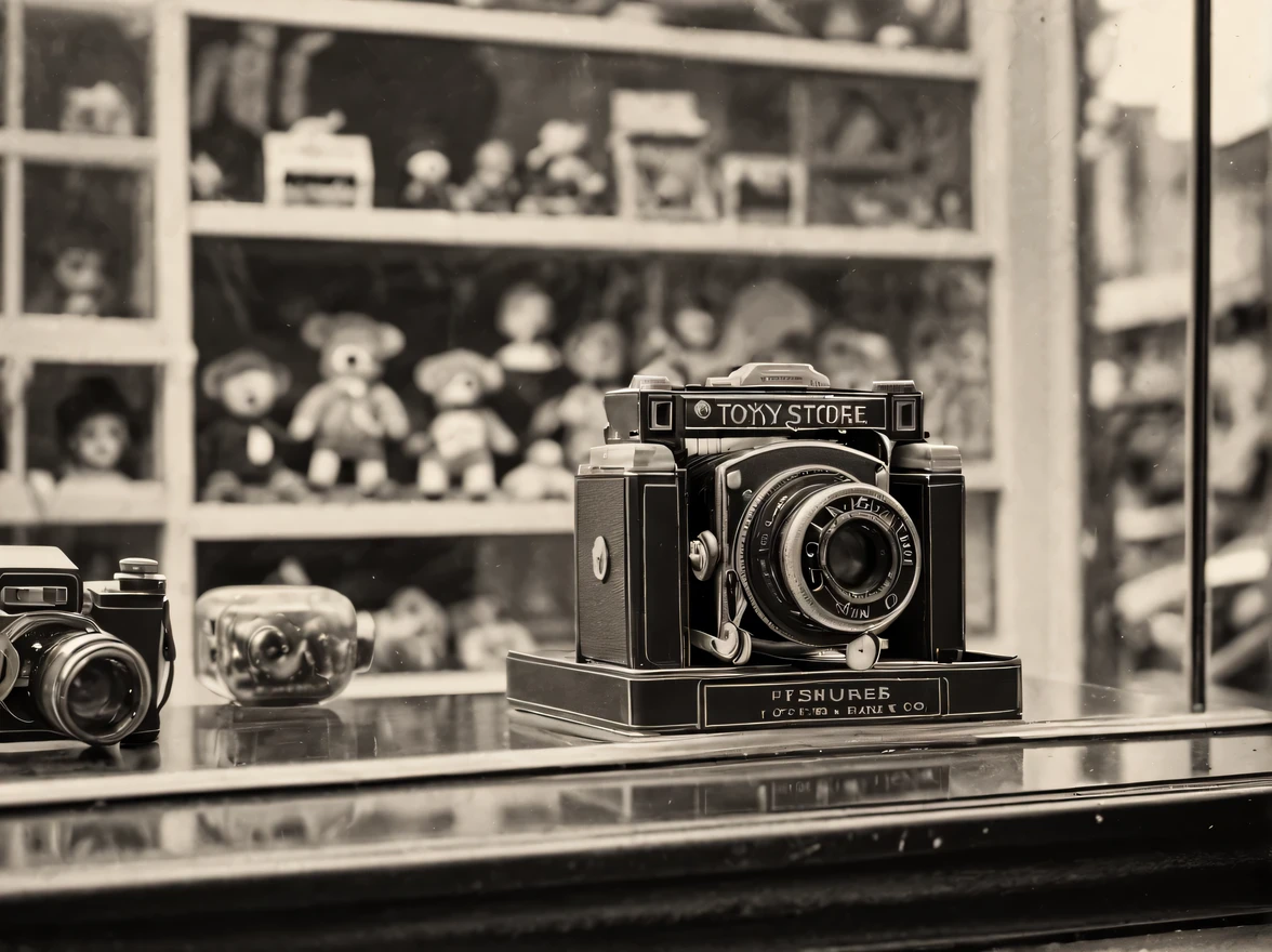 Old photo from 1930 era with Zeiss Ikon Ikonta 520./2 cameras, published by the Museum of Historical Photography in 1930., (Toy store window), display case with toys in a toy store behind glass, sign with text "A TOY SHOP" at the display window, film type 130, frame size 60 x 90 mm, Tessar 4.5 lenses/105 mm, vintage photo paper, old shabby photograph, scuffs and scratches, the photo is ruined by time