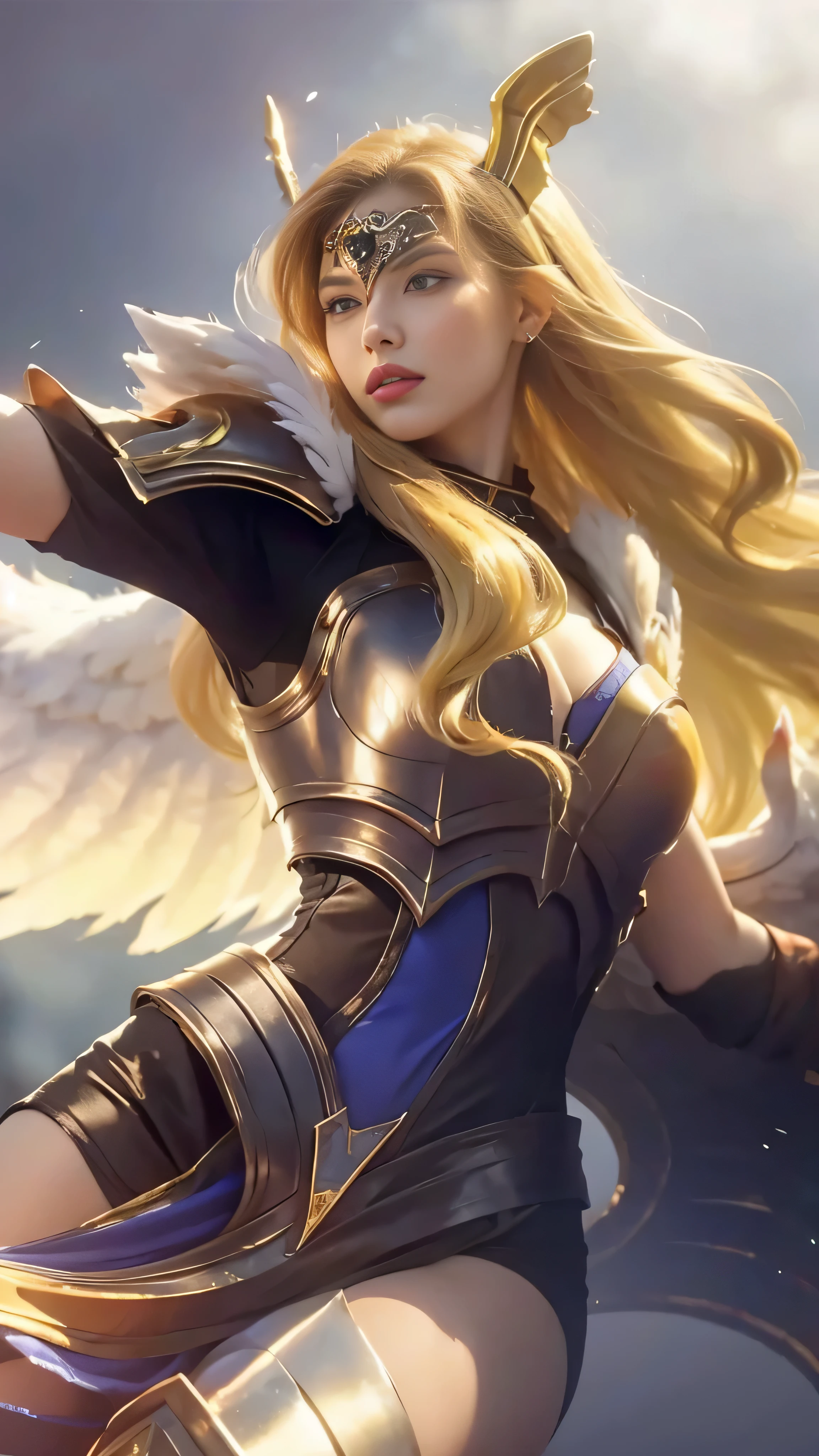 8k, highly detailed, close-up image of a woman in a long hair winged costume